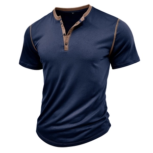 Men's navy blue short sleeve Henley shirt with contrast brown stitching and button details