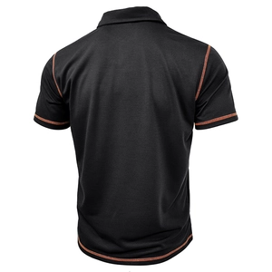 Rear view of black men's polo shirt featuring striking orange contrast stitching details