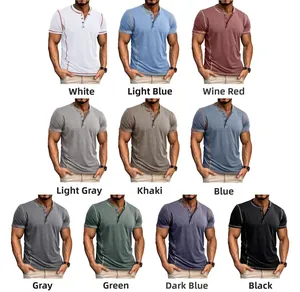Detail view of men's short sleeve Henley shirts in ten colors with contrast stitching