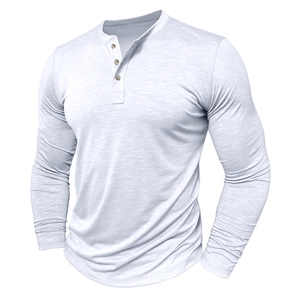 Detailed close-up showing the slub texture and three-button neckline of the men's Henley shirt