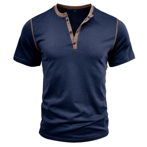 Men's slim fit navy blue short sleeve Henley shirt with contrast brown collar stitching