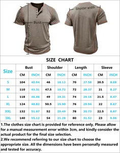 Detailed size chart for men's short sleeve Henley shirt with CM and Inch measurements