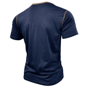 Men's navy short sleeve Henley shirt with contrast brown stitching and ribbed texture