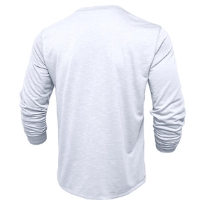 Rear view of white slub cotton long sleeve Henley t-shirt with subtle grey texture
