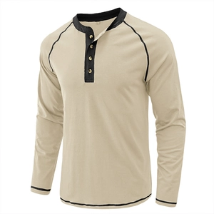 Front view detail of a men's heavy cotton long-sleeve Henley shirt in khaki and black.