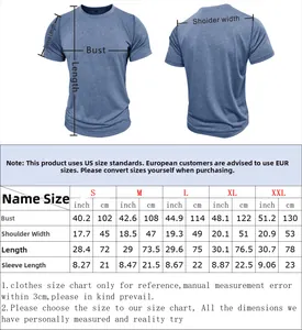 Tableau des tailles pour T-shirt homme manches courtes avec mesures du S au XXL en pouces et cm