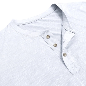Close-up of three-button Henley neckline on light blue slub cotton long sleeve t-shirt