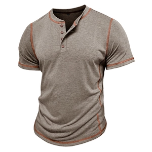 Men's retro Henley t-shirt in brown with contrast orange stitching and four-button collar
