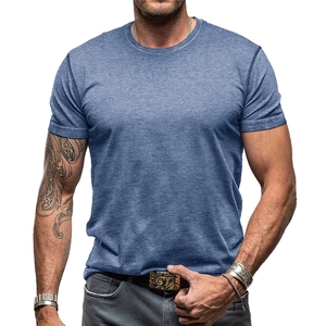T-Shirt en Mélange de Coton pour Hommes Vintage Américain Chiné Contraste Col Rond Manches Courtes Haut Respirant Été Casual Tee
