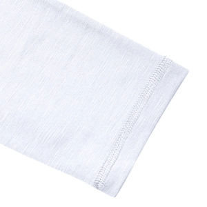 Close-up of white slub cotton fabric showing double-needle stitching on men's Henley shirt