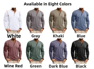 Detail showing eight available colors of men's long sleeve Henley shirts with contrast stitching