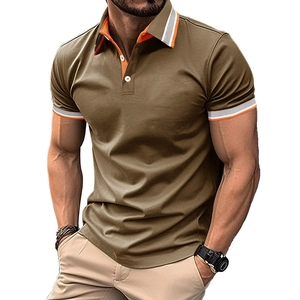 Men's khaki green short sleeve polo shirt with orange and white striped contrast trim