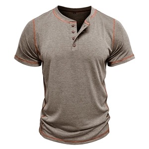 Men's grey short sleeve Henley shirt with orange contrast stitching and button collar