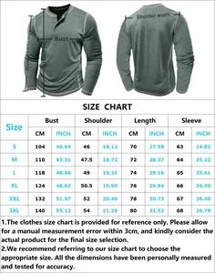 Detailed size guide table for men's long sleeve Henley shirts from S to 3XL sizes