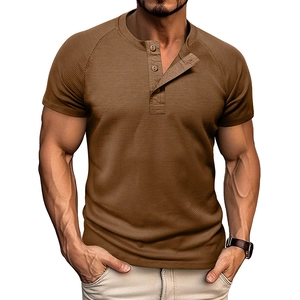 Men's coffee brown waffle knit Henley t-shirt with short sleeves and three-button placket