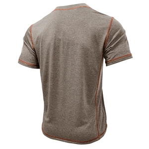 Men's short sleeve Henley T-shirt in heather grey with orange contrast flatlock stitching