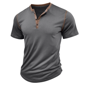Detail of dark grey Henley T-shirt featuring contrast brown stitching and button placket