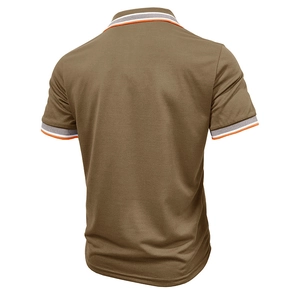 Detailed back view of men's polo shirt showing brown knit fabric and striped ribbed cuffs