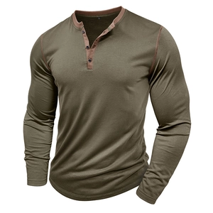 Men's retro long sleeve Henley shirt in olive green with brown contrast three-button collar