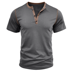 Detail of dark grey Henley shirt with contrast brown trim on the neckline and buttons