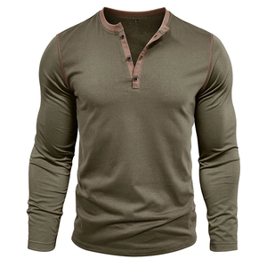 Men's olive green long sleeve henley shirt with contrast stitching and brown button placket