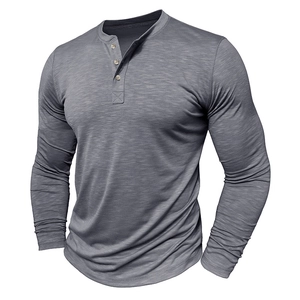 Close-up of heather grey slub cotton Henley T-shirt with three-button neckline detail