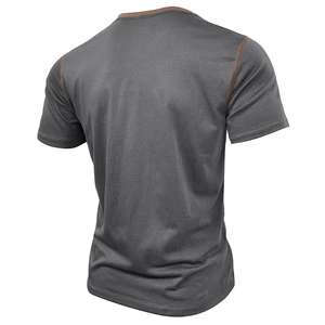 Detail of men's dark grey T-shirt featuring brown contrast stitching on neck and shoulders