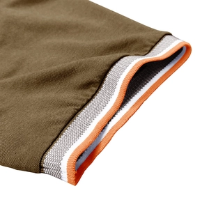Detail of khaki Polo shirt sleeve with white and orange ribbed color-block stripes