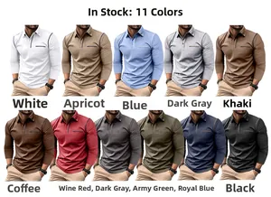 Detail showing various colors of men's long sleeve polo shirts with ribbed cuffs
