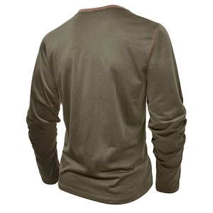 Men's retro olive green long sleeve Henley shirt with contrast stitching details