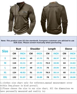 Tableau des tailles pour chemise Henley homme manches longues avec mesures du S au XXL