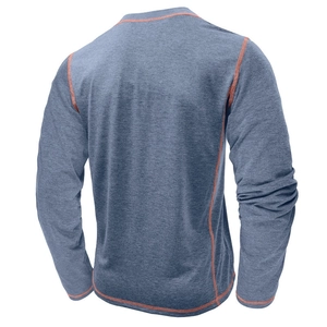 Detail of grey-blue long-sleeve Henley shirt featuring orange contrast stitching on seams