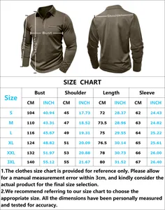 Detailed size chart for men's long sleeve polo shirt showing bust and shoulder measurements