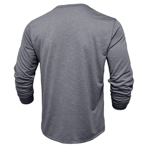 Back view of gray long sleeve slub cotton henley shirt showing premium fabric texture