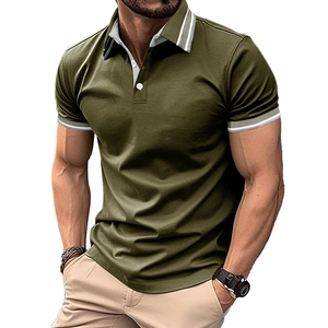 Detail of olive green polo shirt featuring striped rib knit collar and fitted short sleeves
