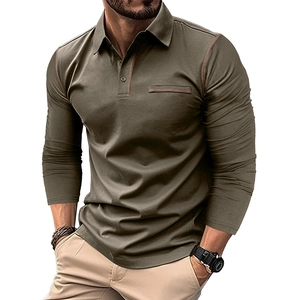 Men's Long Sleeve Polo Shirt Cotton Polyester Blend Contrast Stitching Button Placket Slim Fit Business Casual Autumn Top