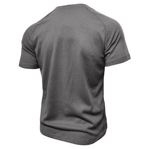 Back view of dark grey short sleeve waffle knit t-shirt with raglan sleeves and crew neck