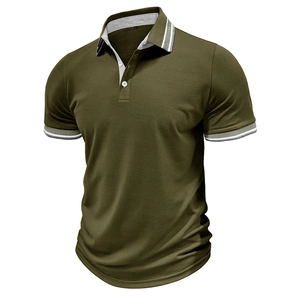 Detail of olive green polo shirt with striped contrast collar and textured knit fabric