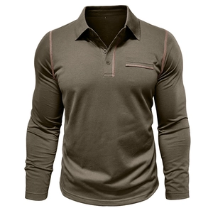 Men's slim fit long sleeve polo shirt in olive with contrast stitching and pocket detail