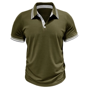Detail of army green polo shirt collar with white striped trim and button placket