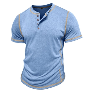 Detailed view of sky blue Henley t-shirt with wooden buttons and contrast stitching