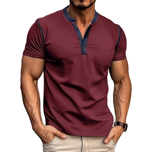 Close-up of burgundy Henley shirt with navy contrast collar and three-button placket detail