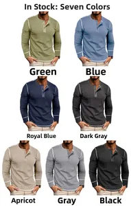 Detail of Henley shirt neckline showing three-button placket and white contrast stitching
