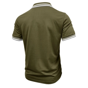 Detail view of olive green Polo shirt back with ribbed white and grey striped collar