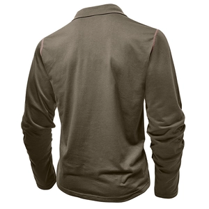Men's long sleeve polo shirt in army green with red contrast stitching back view