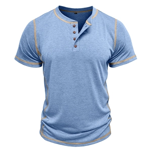 Detailed view of sky blue Henley shirt with contrasting light brown stitching and buttons