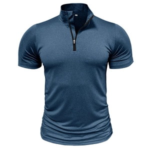 T-shirt sportiva da uomo con collo a lupetto e mezza zip in blu scuro mélange elastico