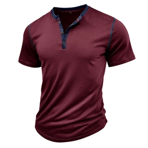 Detail view of burgundy men's Henley T-shirt with contrast navy blue neck and three buttons