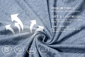 Detail of blue marled fabric showing 65% cotton blend texture and 4-way stretch fiber