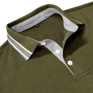 Macro detail of olive green pique polo shirt with white collar stripes and three buttons